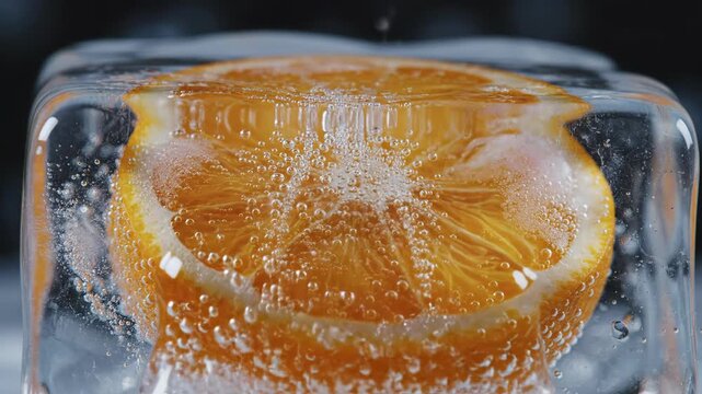 Macro view of a fresh orange citrus slice frozen inside a clear transparent ice block with water pouring over the top, showing oxygen bubbles and vibrant fruit texture details.
