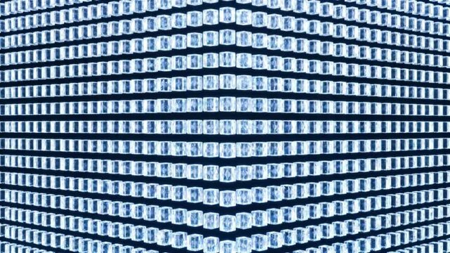 ダーク金属のブロックがエネルギー波で発光結晶へ置換される物理シミュレーションCG