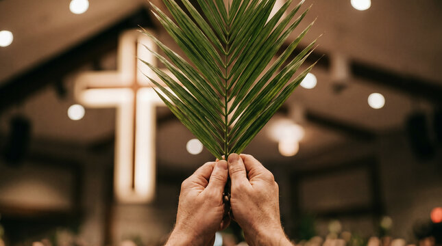 Crowd holding palm leaf with raised hand during christian worship service at church. Blurred glowing cross in background. Religious holiday concept, palm sunday, easter celebration