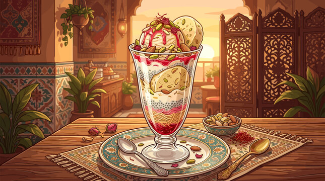 Traditional Falooda dessert with vermicelli, basil seeds, rose syrup, and ice cream in a tall glass. Atmospheric oriental cafe setting at sunset, perfect for food and travel content.