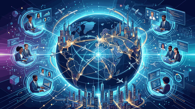 Global business professionals connecting through digital networks and international communication technology. Futuristic data connectivity, remote work, and logistics across a glowing world map.