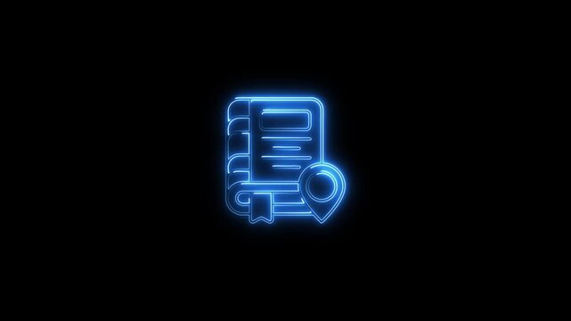 Neon blue document with magnifying glass on black background search