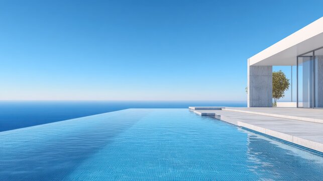 Modern luxury residence features an expansive infinity edge swimming pool overlooking a vast blue ocean horizon