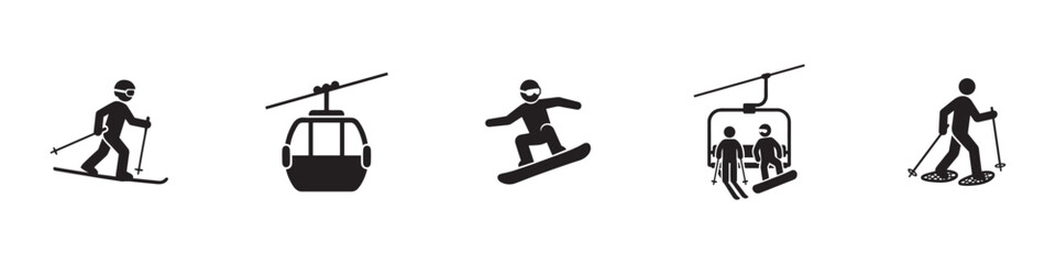 Fototapeta premium Ski resort and winter sports icon set. Skiing, snowboarding, cable car and trekking symbols. Vector illustration.