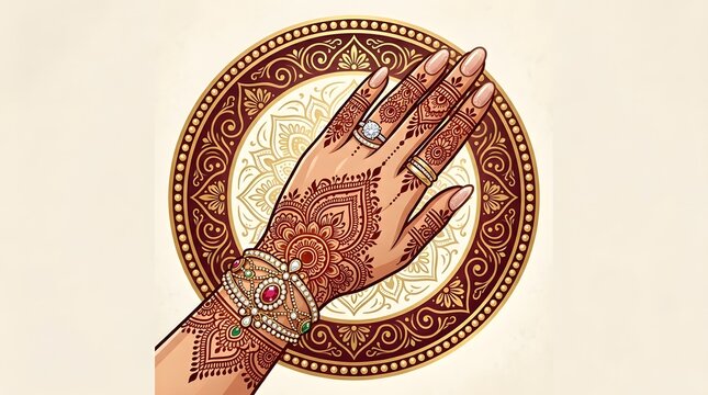 Bride hand with henna and wedding bracelet icon