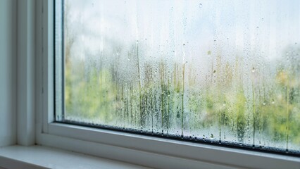 Obraz premium Close up of condensation on a white framed window interior. Water drops dripping down the glass with blurred green nature background. Moisture and humidity concept