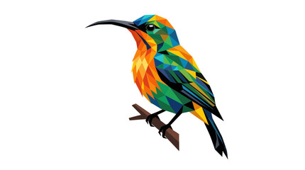 Fototapeta premium Geometric Abstract Hummingbird Perched on Branch, Colorful Low Poly Bird Illustration