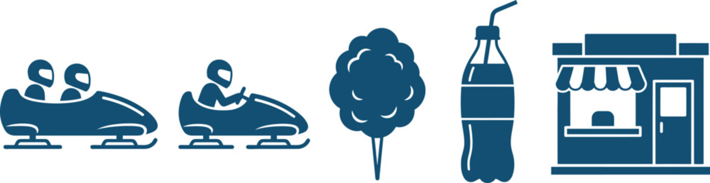 A collection of amusement park and carnival icons including bumper cars, cotton candy, a soda bottle, and a concession stand, all isolated on transparent background.