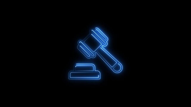 Neon blue gavel and sound block on black background law justice symbol