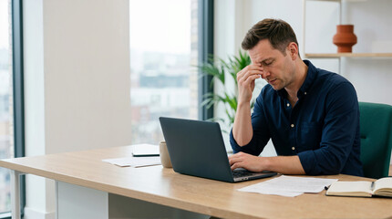 Naklejka premium Stressed corporate worker at office desk. Tired businessman with headache working on laptop. Burnout and stress concept