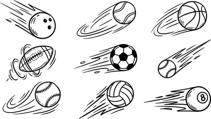 Naklejka premium Black and white sketch illustration featuring a variety of sports balls in motion, including bowling, soccer, football, baseball, basketball, and volleyball, isolated on transparent background.