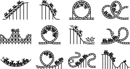 A diverse set of roller coaster track designs in black line art, featuring cars with passengers, perfect for theme park illustrations and graphic design projects. © RAC.Design-Magic