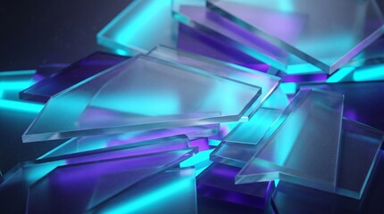 Fototapeta premium Abstract broken glass shards reflecting neon blue and purple light with abstract