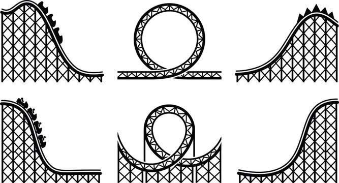 A set of black and white illustrations of various roller coaster tracks and loops isolated on transparent background
