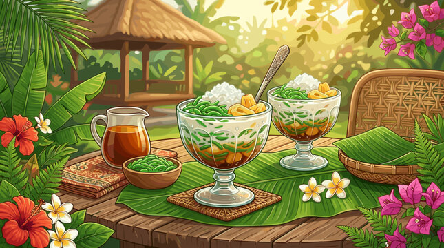 Refreshing Indonesian Cendol dessert with coconut milk, palm sugar, and jackfruit served in glass bowls on a wooden table in a sunny tropical garden setting. Vibrant culinary art.