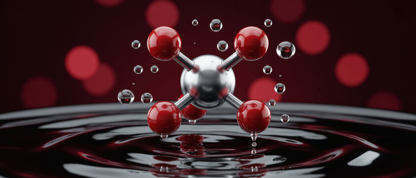 A 3D molecular model with red and silver spheres hovers above water, creating ripples against a dark background with red bokeh lights.