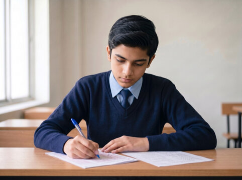 young indian schoolboy focused on examination writing for learning assessment and academic performance concept