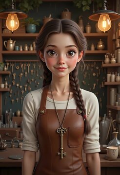 3D animated character illustration of a young female craft artisan wearing leather apron
