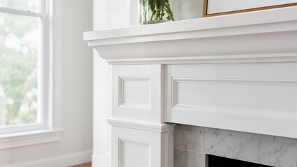 Naklejka premium Close up of classic white painted fireplace trim molding. Elegant architectural woodwork details with marble tile surround in a bright living room. Home interior design
