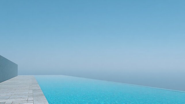 Minimalist infinity pool design contrasts bright blue water against a vast, pale sky.