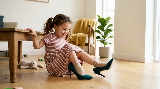 Laughing girl trying on oversized high heel shoes in the living room. Child playing dress up at home on a wooden floor. Childhood imagination and roleplay
