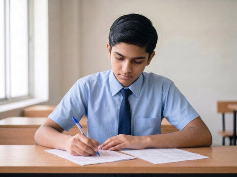 indian schoolboy writing examination paper in classroom representing academic achievement and educational success concept