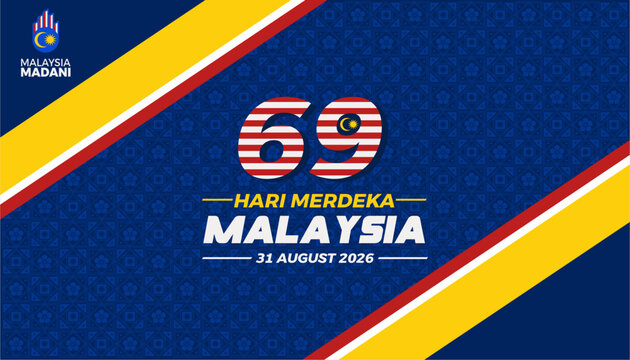Luxurious 69th Hari Merdeka Malaysia Independence Day  2026 Vector Illustration Banner Design with 69 flag typography and national flower Bunga Raya batik pattern. Bold Malaysia National Identity 