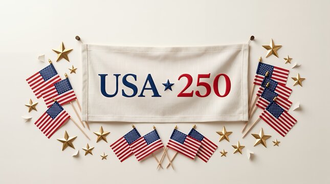 Patriotic usa 250th anniversary celebration banner with american flags and gold stars historic milestone usa american flag semiquincentennial usa 250 years