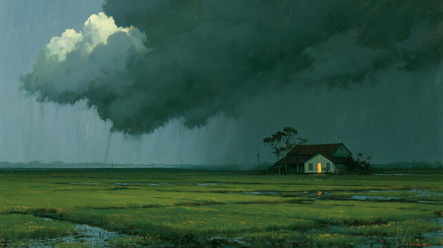 Digital Painting of Farmhouse on Flooded Green Meadow Under Dramatic Storm Clouds