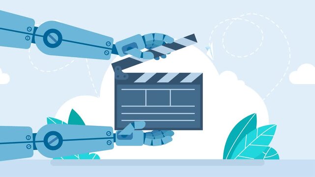 Robot hands holding black clapper board. AI video creation concept. A robot working on video editing clapperboard. Represents modern technology's influence on creative media. 2d flat animation. Video
