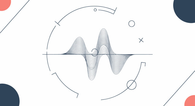 Abstract waveform visualization with geometric shapes and target-like elements on a white background, representing data or sound.