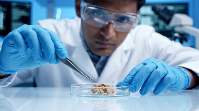 Scientist lab walnut research experiment food test analysis science laboratory for nut health safety quality inspection nutrition sample with glove