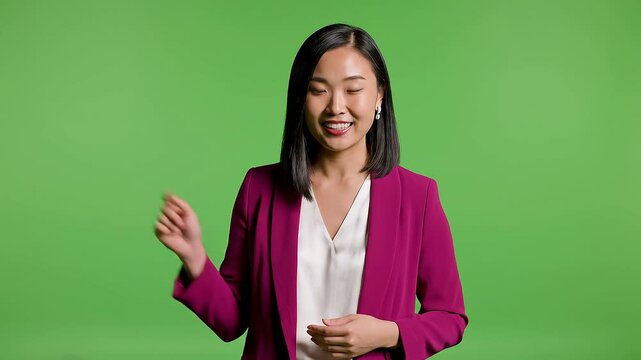 Asian Woman Presenter Speaking Green Screen Chroma Key