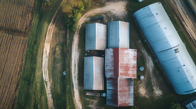 Aerial view of a rustic farm with barns and silos surrounded by fields and greenery on a sunny day with a dirt road