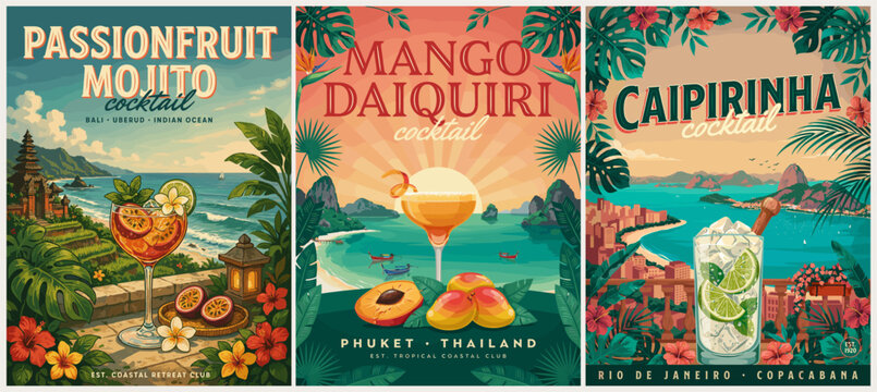 Tropical cocktails in vibrant, vintage-style posters. Passionfruit, mango, and caipirinha drinks displayed with flair. Each design evokes beachside relaxation and exotic flavors