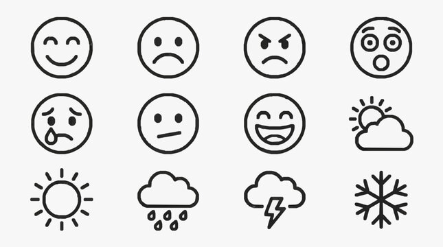 Professional Black and White Line Drawing Set of Emotional Faces and Weather Icons for UI UX Design Marketing and SEO Content
