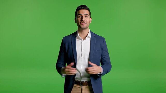 Man Talking Green Screen Blue Suit Presenter Gesturing Explaining Business