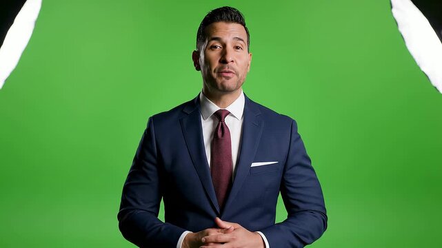 Man in Suit Talking on Green Screen, Professional Presenter Video