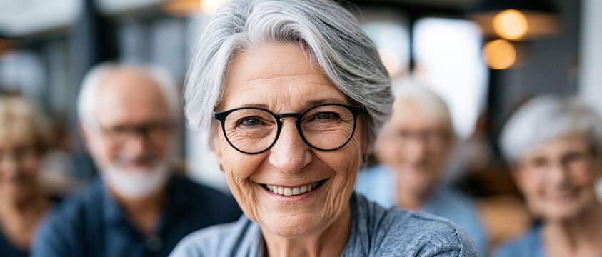 L&auml;chelnde Seniorin mit Brille im Vordergrund, unscharfe Gruppe von Freunden im Hintergrund. Breites Banner f&uuml;r Altersheim, Gemeinschaft und Altenpflege-Konzept. Generative KI