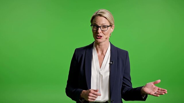 Professional Woman Presenter Talking Green Screen Background Gesturing