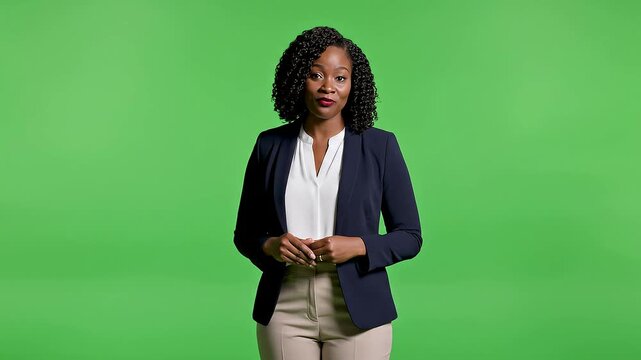 Professional Woman Presenter Talking and Gesturing on Green Screen Background