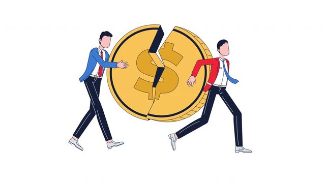 Currency crisis 2D animation. Economic downturn. Financial instability. Dollar money collapse. Businessmen coin splitting animated characters cartoon flat concept metaphor 4K video on transparent