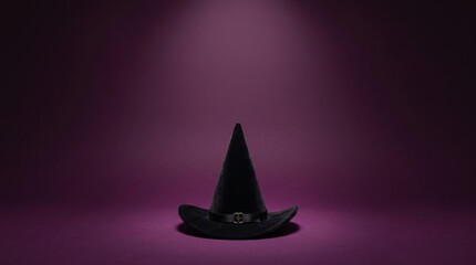 Fototapeta premium Witch hat isolated on a dark purple background with soft cinematic lighting for a mysterious spooky holiday celebration or creative halloween themed graphic design project