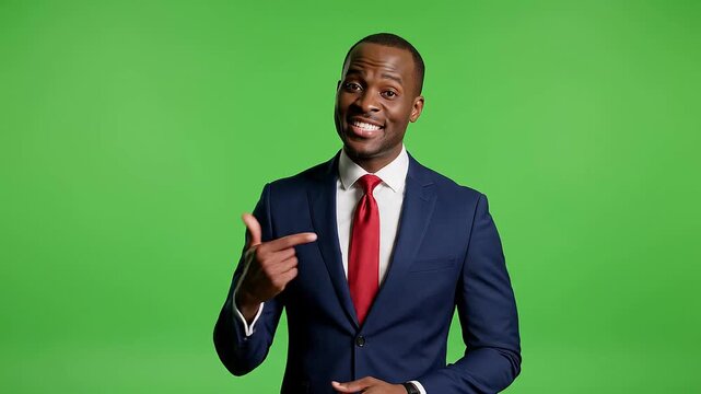 Smiling Presenter in Suit Gesturing on Green Screen Background