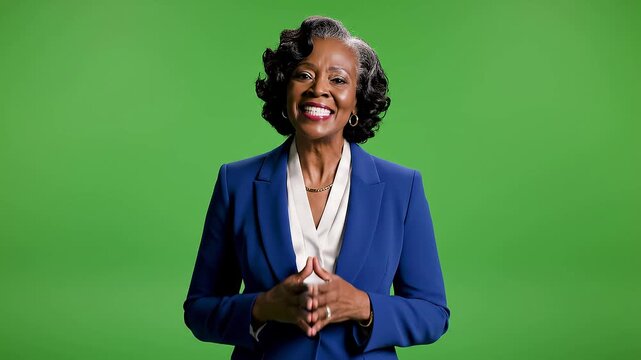 Smiling Woman Presenter Talking Green Screen Background Corporate Presentation