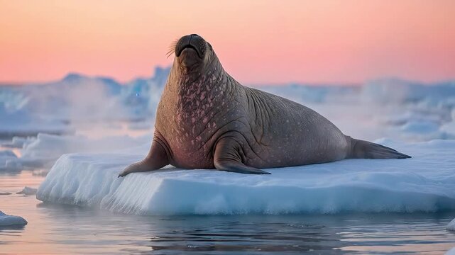 A walrus relaxes on an ice floe against a pink arctic sunset.