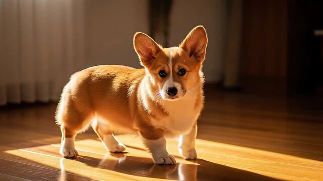 A cute corgi puppy standing on a wooden floor in sunlight.