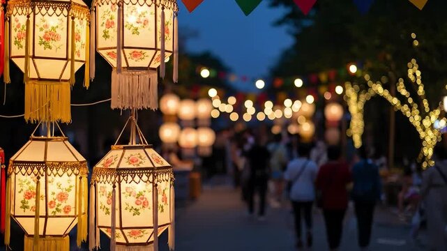Decorative lanterns glow at night during a lively outdoor festival.