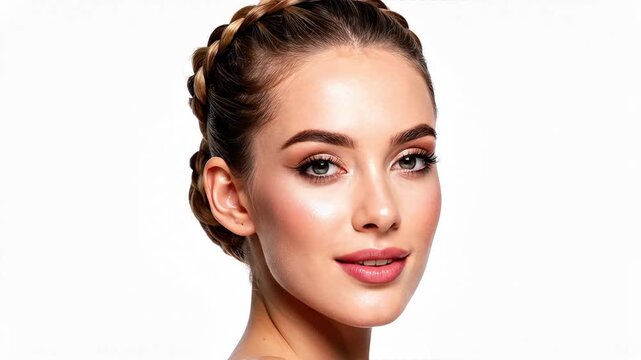 A glamorous woman with braided hair and striking makeup.