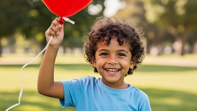 A happy child with a red balloon in a park.